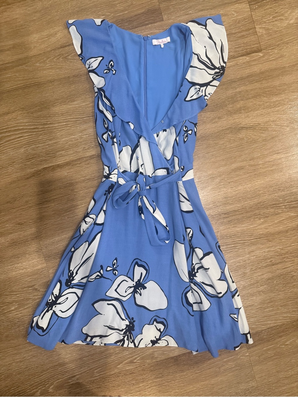 Parker Blue & White Floral Wrap Mini Dress